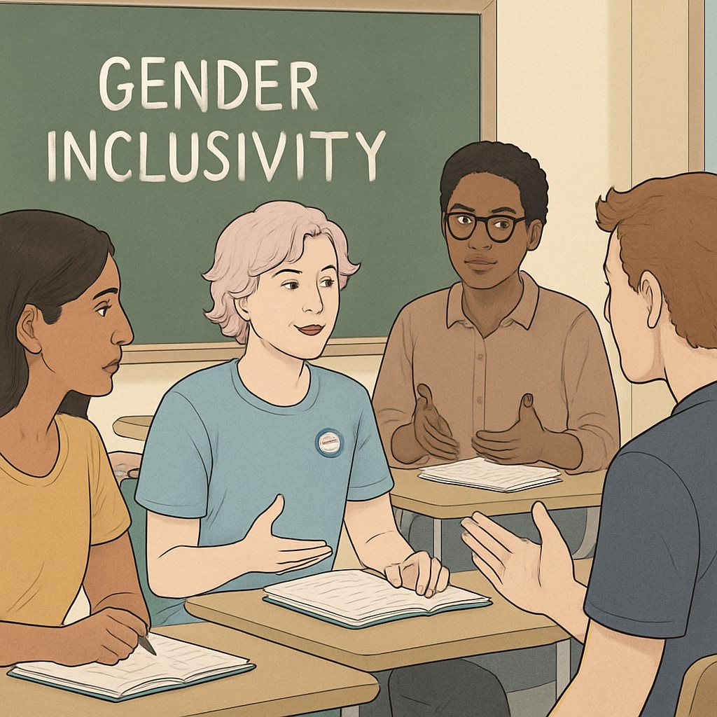 A classroom with diverse students, including transgender individuals, discussing gender inclusivity. The image represents inclusivity in education environments. Students discussing gender inclusivity in a classroom.