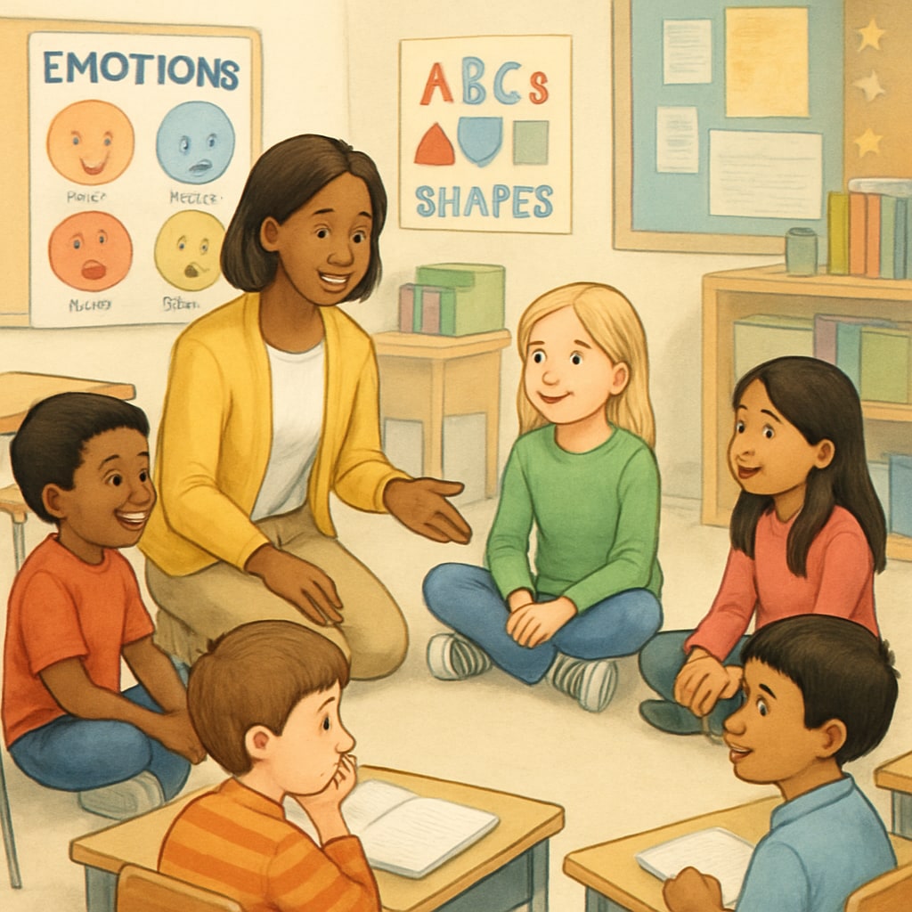 A group of children participating in a classroom activity focused on emotional expression. Children learning about emotions through interactive classroom activities.