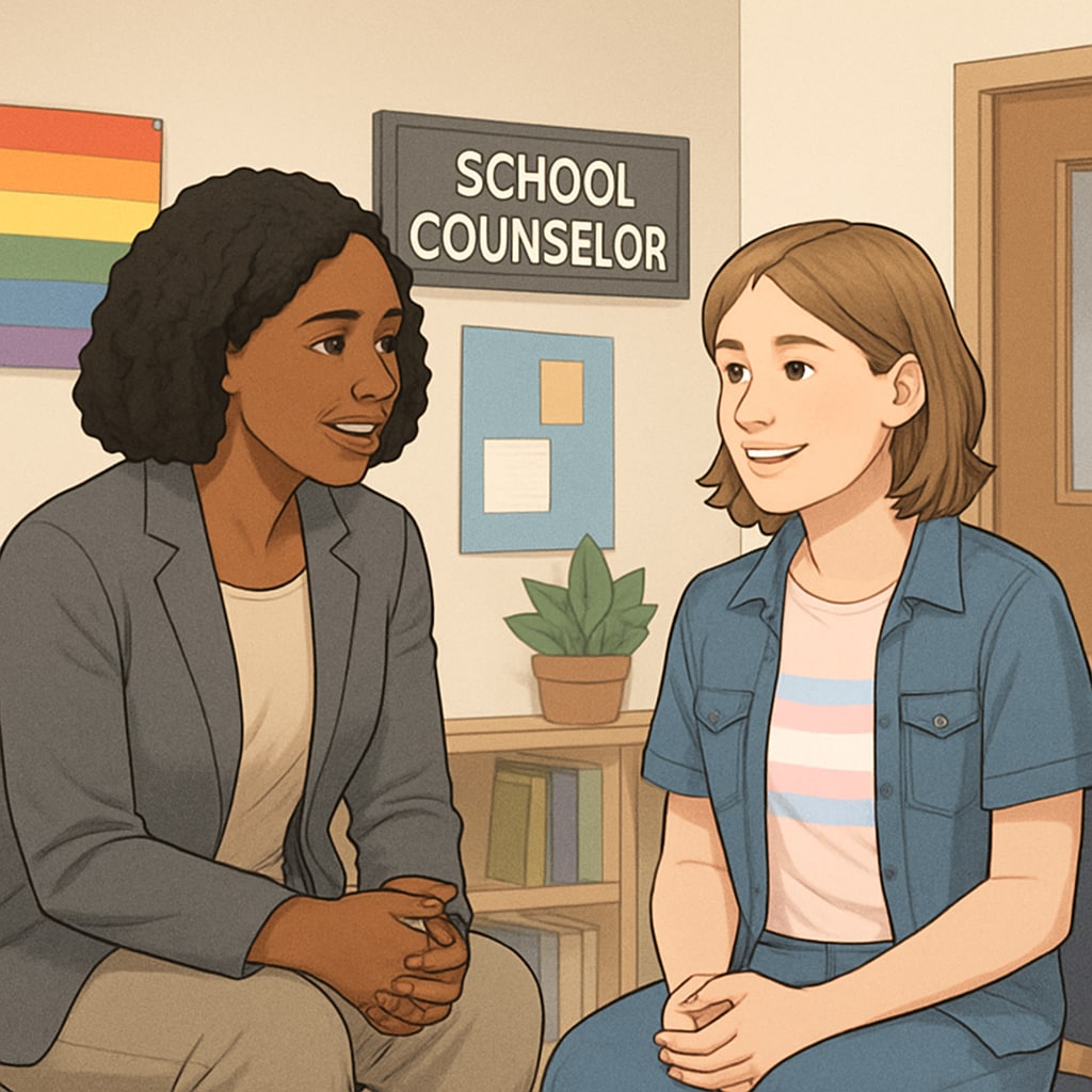 A school counselor talking to a transgender student in a welcoming environment. The image highlights the importance of personalized support for transgender students in K12 settings. School counselor helping a transgender student in a supportive setting.
