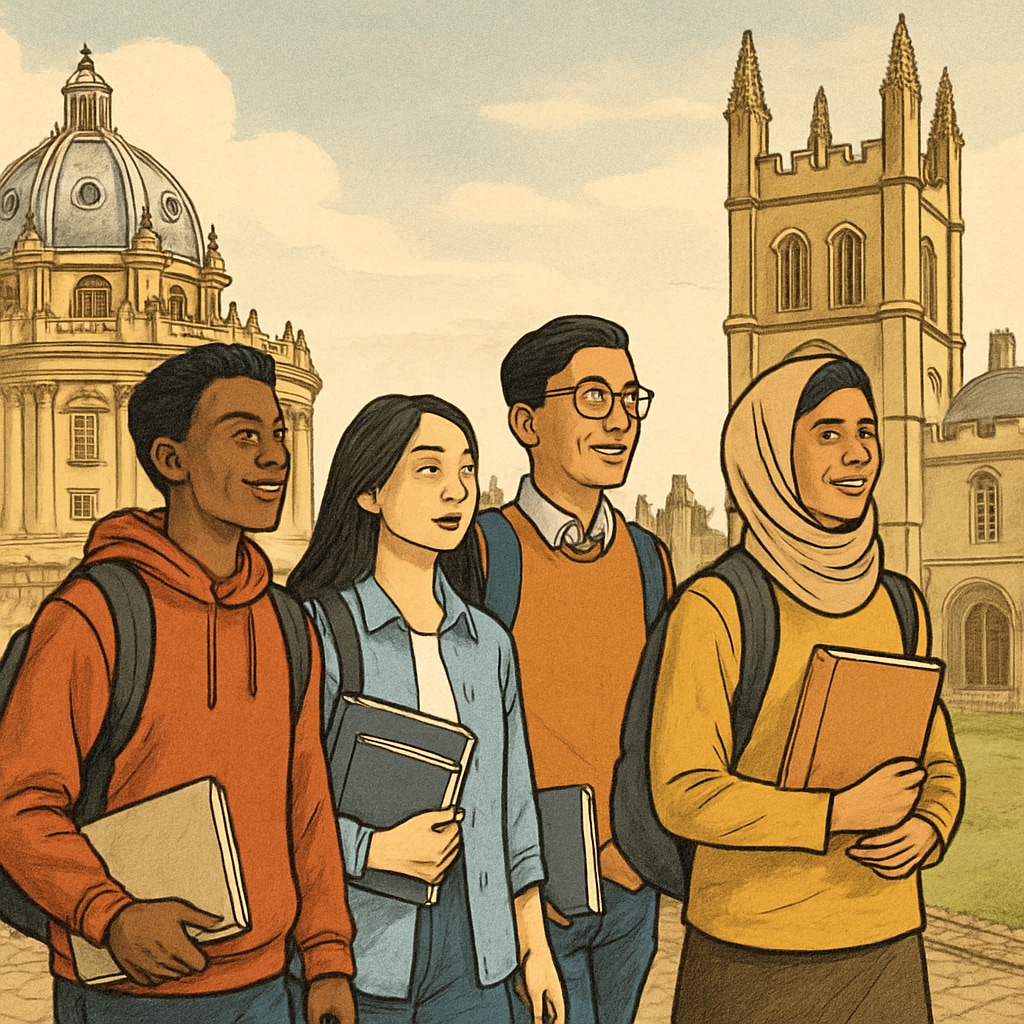 A group of students walking through Oxford University's historic campus, symbolizing the aspirations of immigrant students. Group of students at Oxford University campus, representing immigrant student aspirations.
