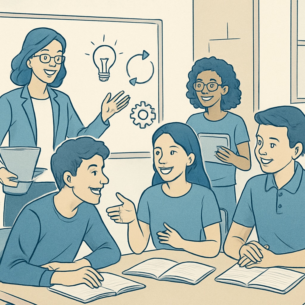 A teacher and students working collaboratively, highlighting the importance of innovative learning methods. Collaborative learning session between a teacher and students.