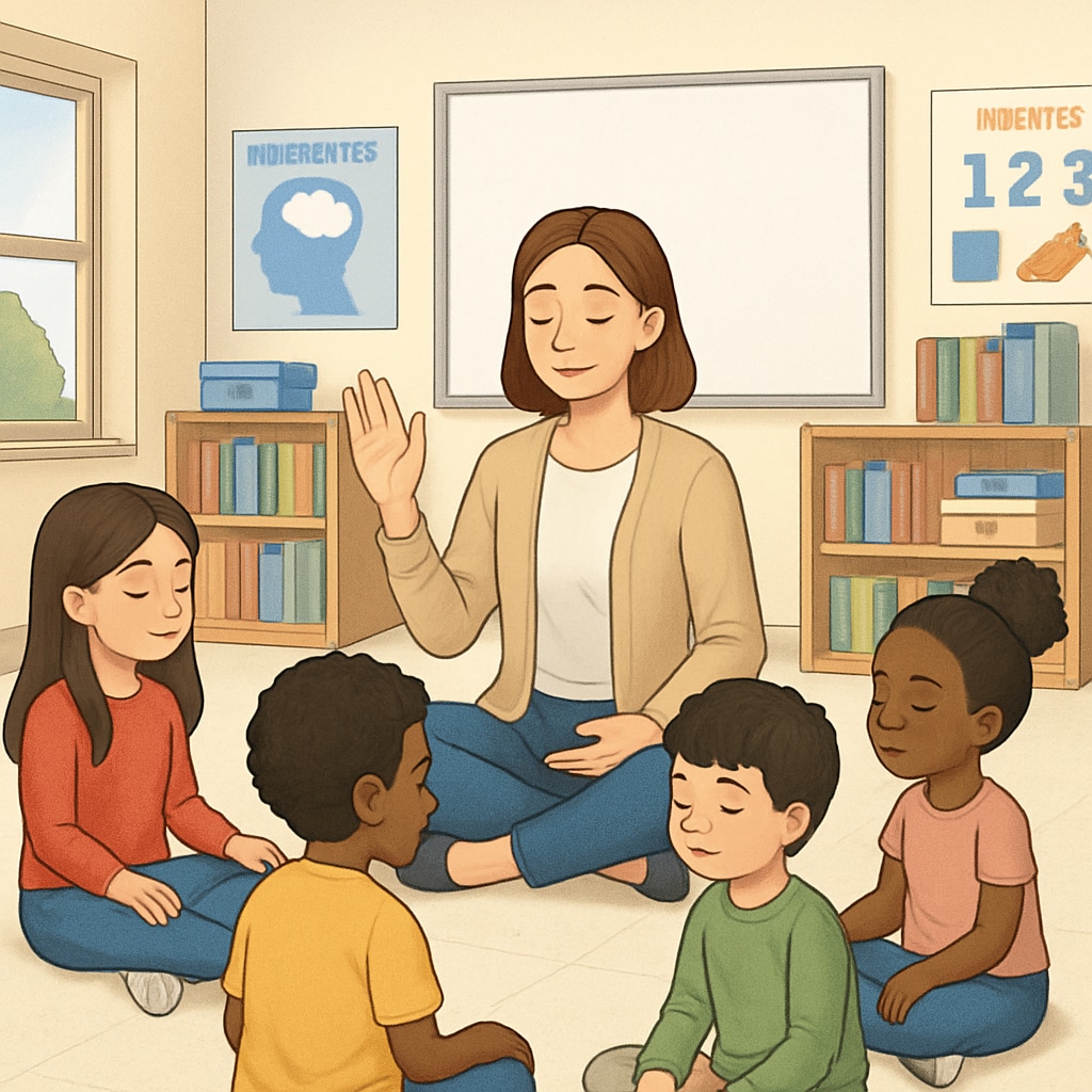 A teacher guiding children through a mindfulness exercise in a classroom setting. Teacher leading a mindfulness session to promote emotional awareness in children.