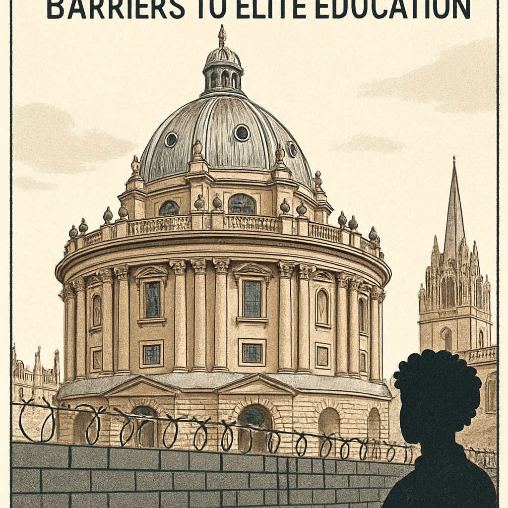A close-up of Oxford University's iconic Radcliffe Camera, symbolizing the barriers immigrant students face in accessing elite education. Oxford University's Radcliffe Camera, symbolizing educational barriers for immigrant students.