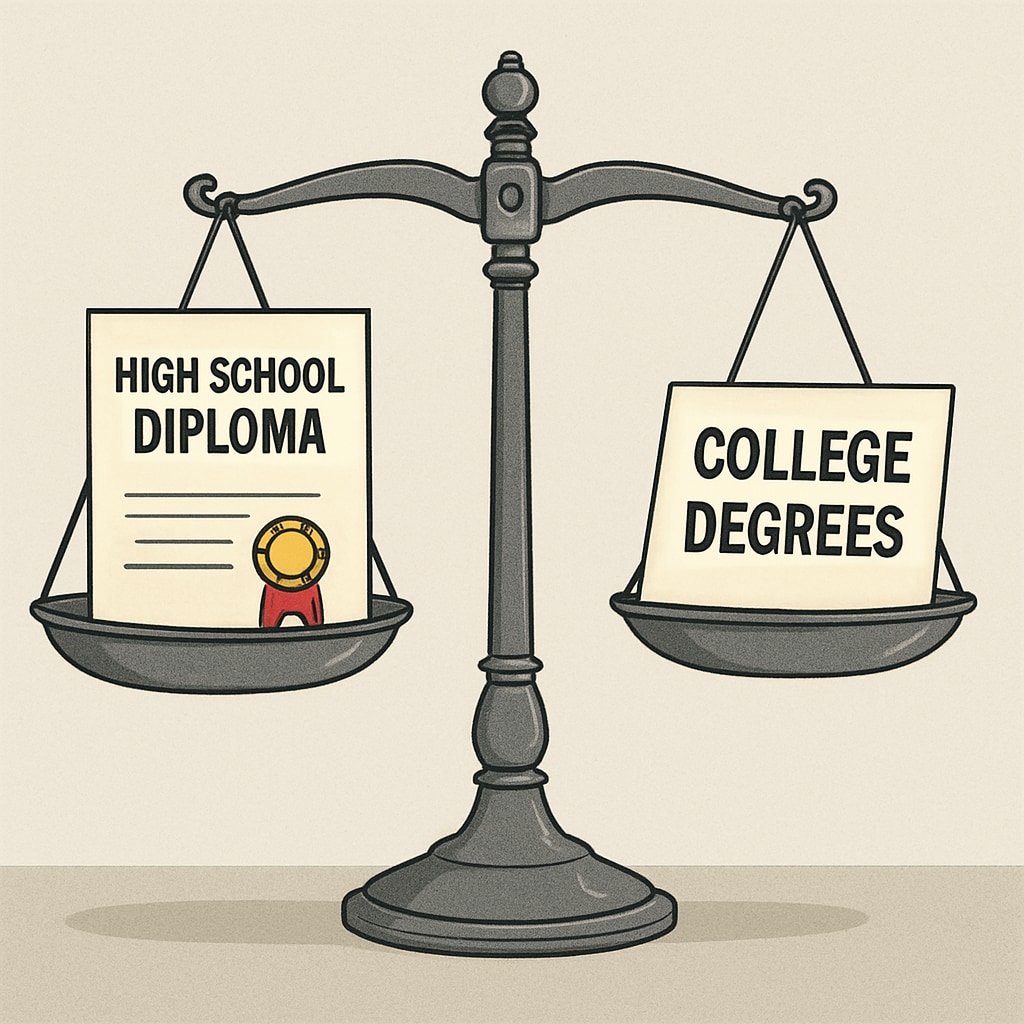 Illustration depicting a scale, with Scale showing employment bias between high school diplomas and college degrees.