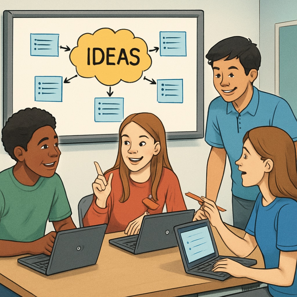 Students brainstorming ideas in a classroom equipped with digital tools such as Chromebooks and interactive whiteboards. The image emphasizes the balance between technology and critical thinking. Students engaging in brainstorming activities in a tech-equipped classroom.