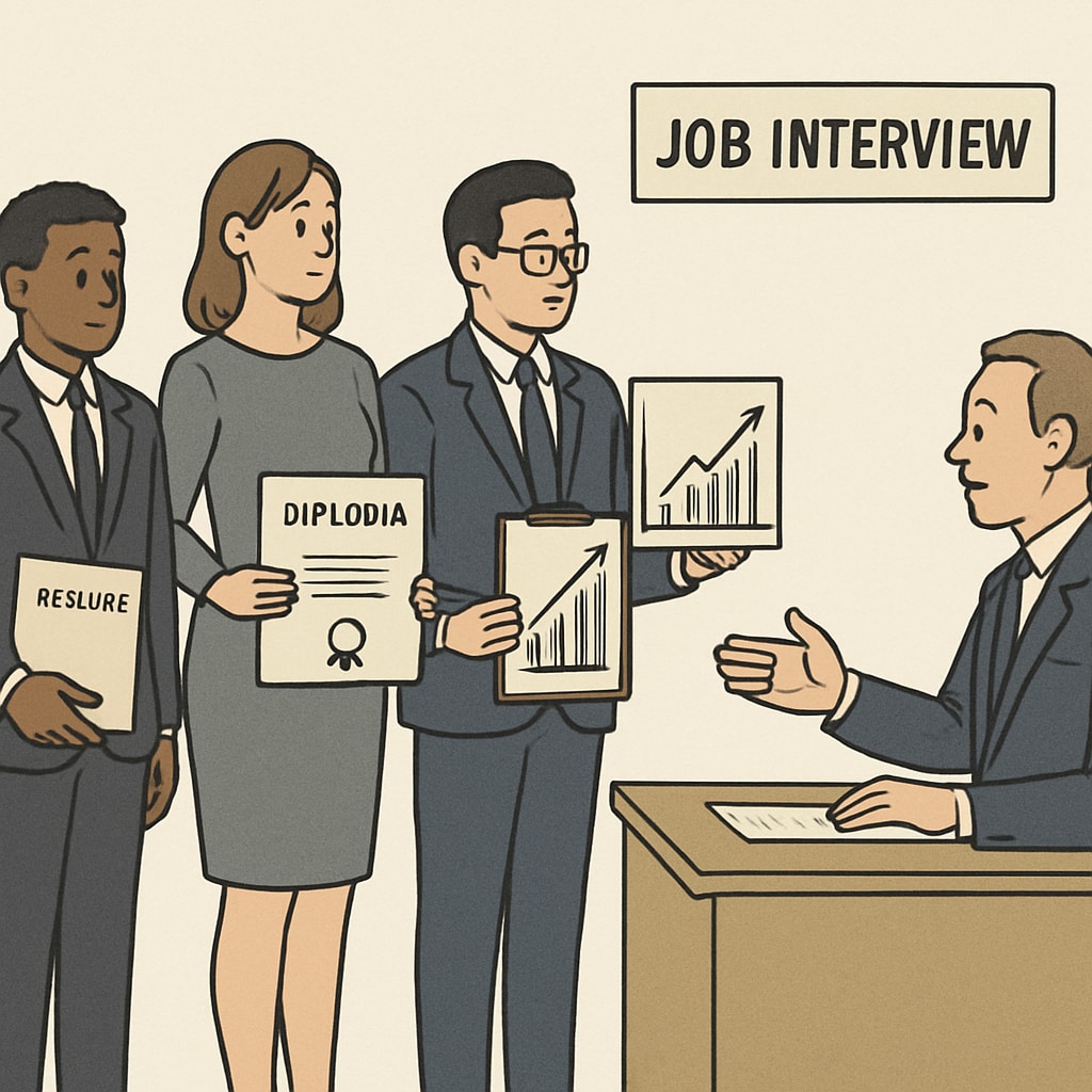 A professional setting showing diverse job candidates holding varying levels of qualifications, highlighting the disparity in hiring practices. Image of job candidates with varying qualifications in a professional setting.