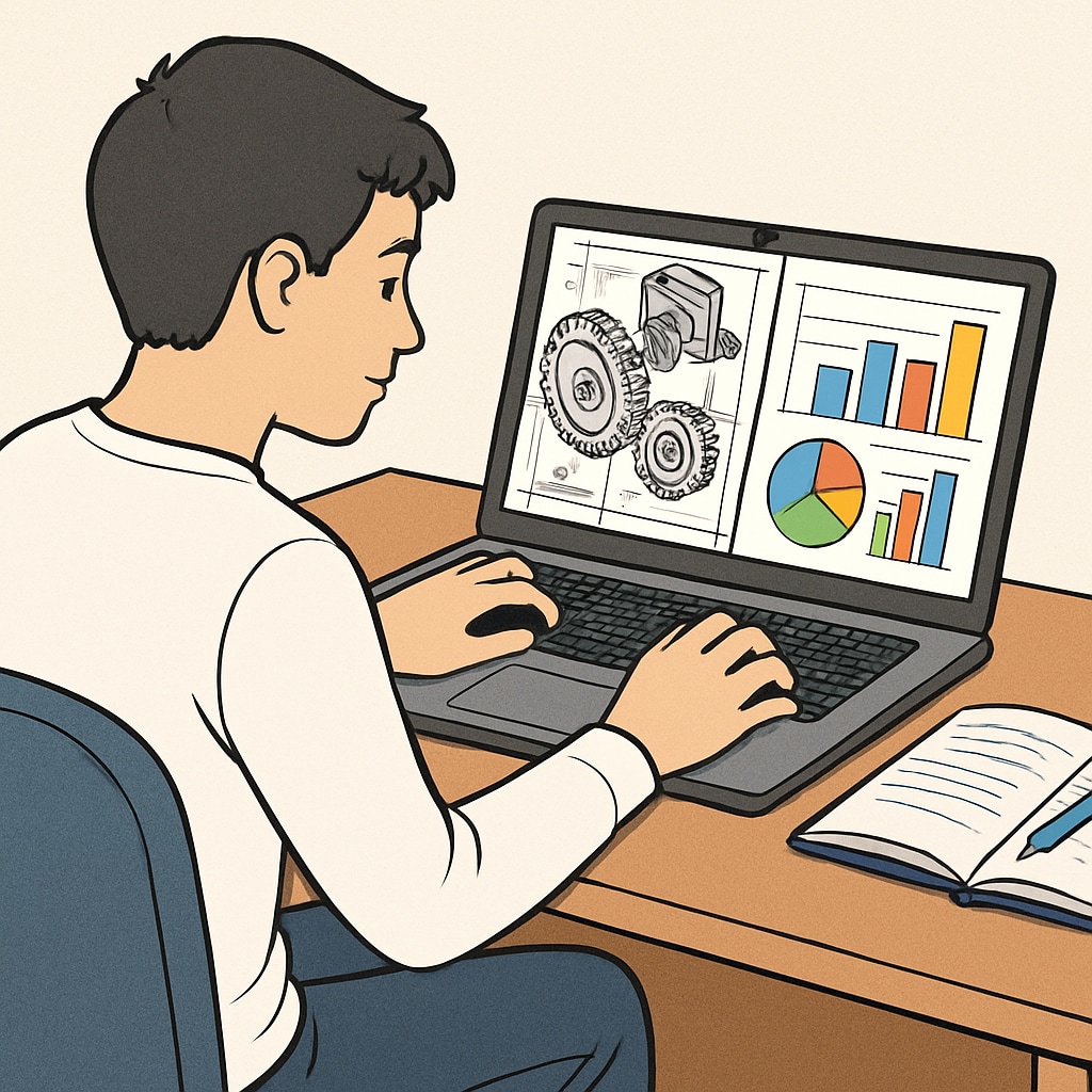 A student working on a laptop with mechanical engineering designs and business charts displayed on the screen. Student balancing mechanical engineering and business studies with online resources.