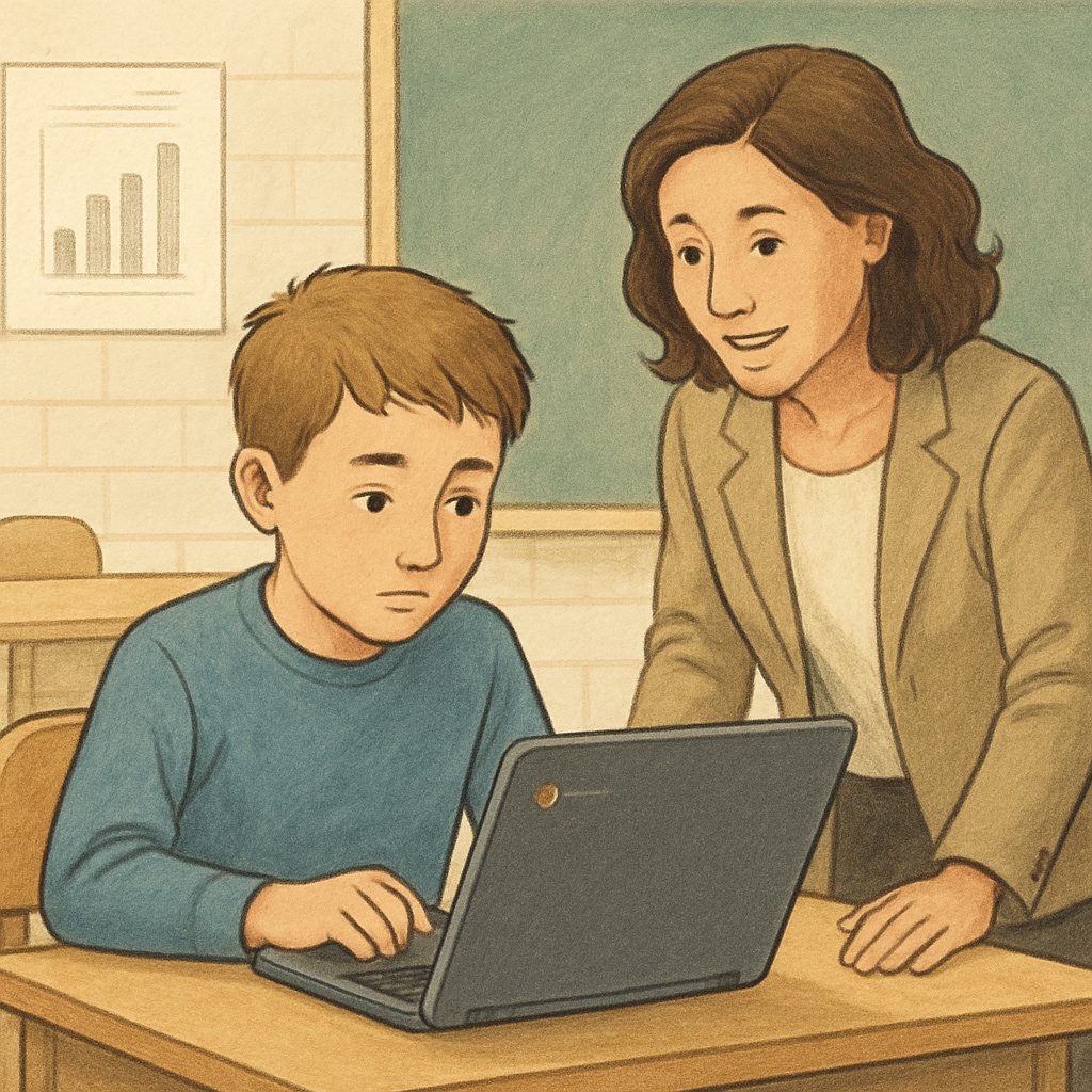 A student using a Chromebook in a classroom setting, displaying both engagement with the tool and a teacher guiding their interaction. Student using Chromebook in a classroom, guided by a teacher for balanced learning.
