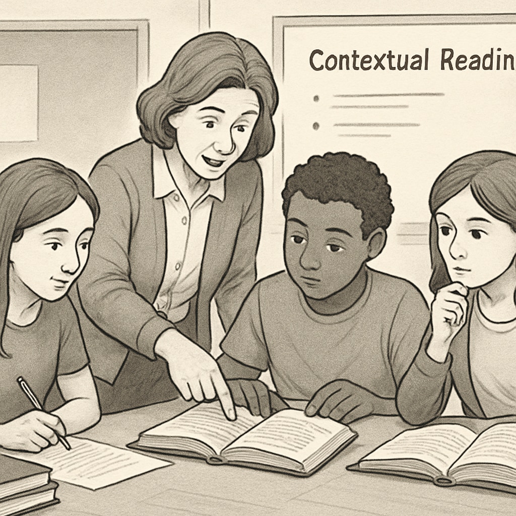 A teacher guiding students through a contextual reading exercise, representing the whole language approach. Whole language approach in reading instruction with teacher and students.