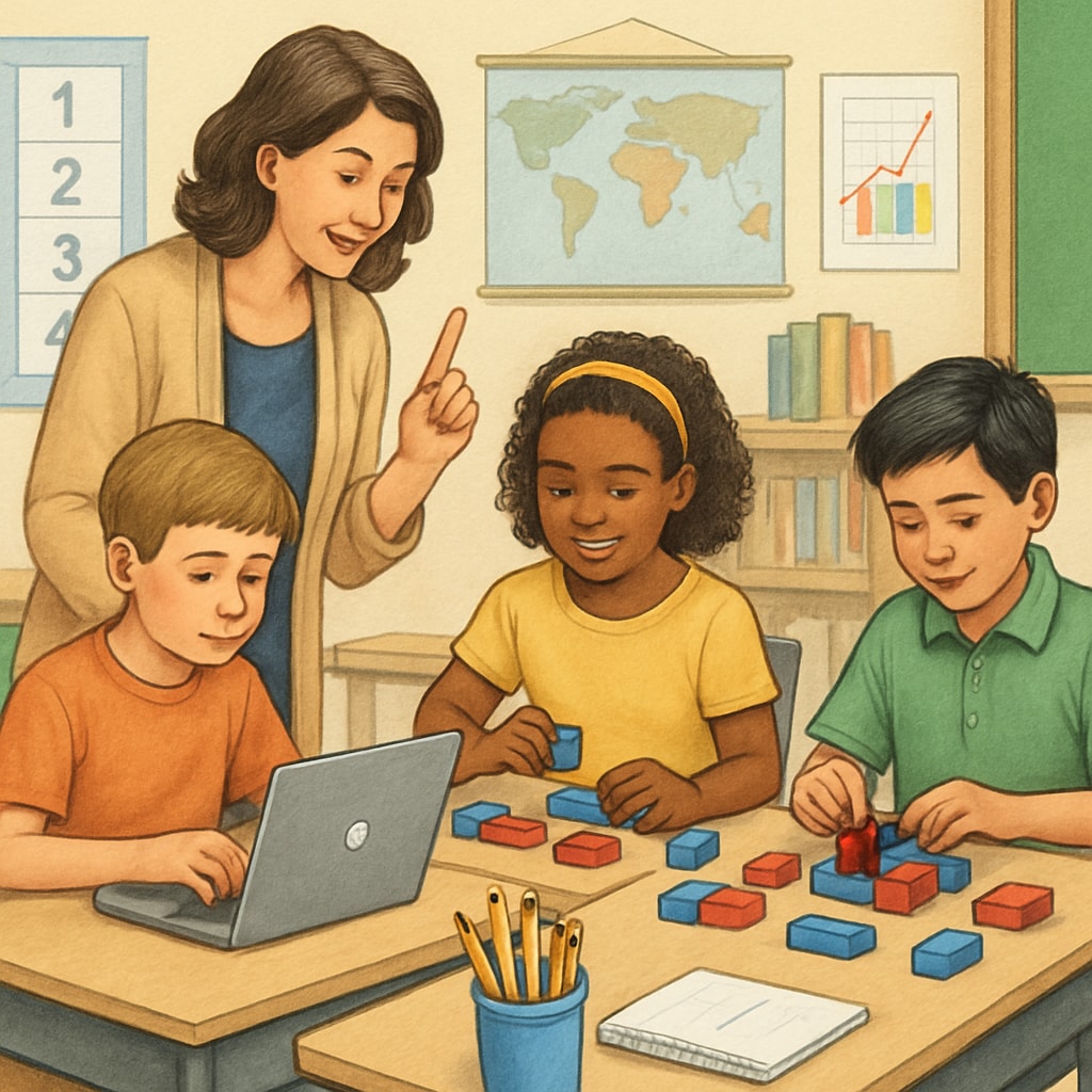 A teacher conducting a classroom activity that combines Chromebook use with hands-on problem-solving tasks to promote critical thinking. Teacher leading a hybrid activity with Chromebooks and offline problem-solving to enhance critical thinking.