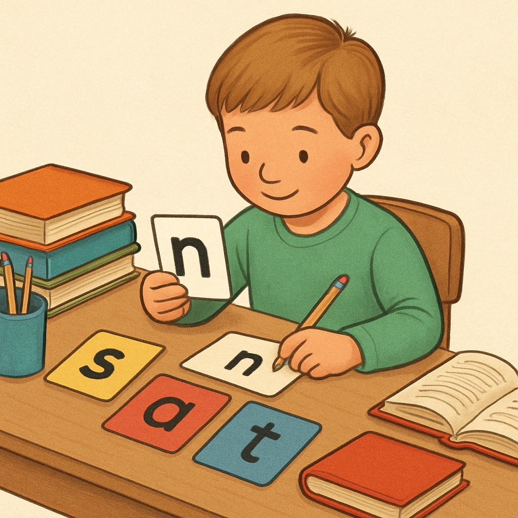 A child practicing phonics with flashcards, symbolizing a systematic reading approach. Phonics method illustration with a child using flashcards for reading practice.