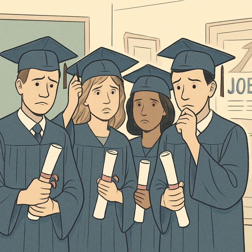 A group of recent graduates holding their diplomas, looking uncertain about their future job opportunities. Graduates pondering their career prospects, illustrating the gap between education and employment.