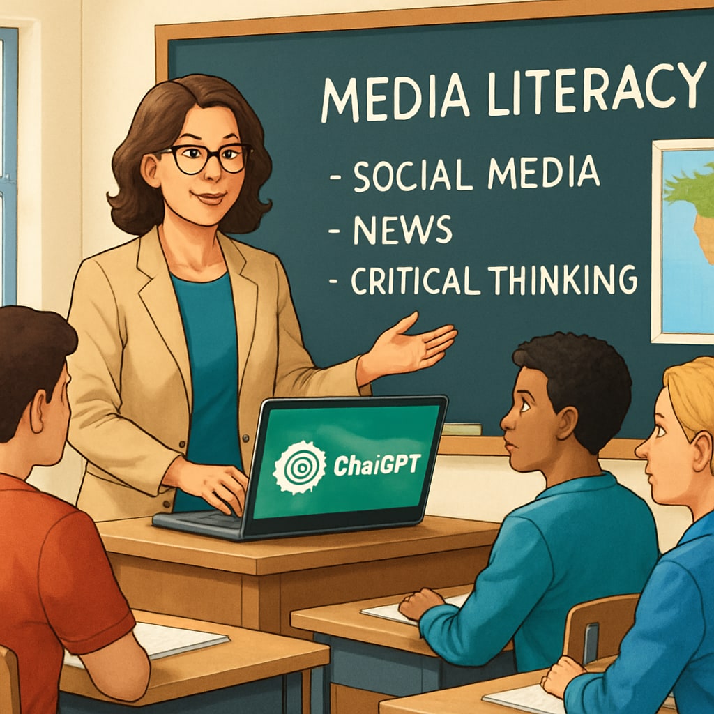 A teacher using ChatGPT on a laptop to explain media literacy concepts to a group of high school students. Teacher discussing media literacy with students using ChatGPT on a laptop.
