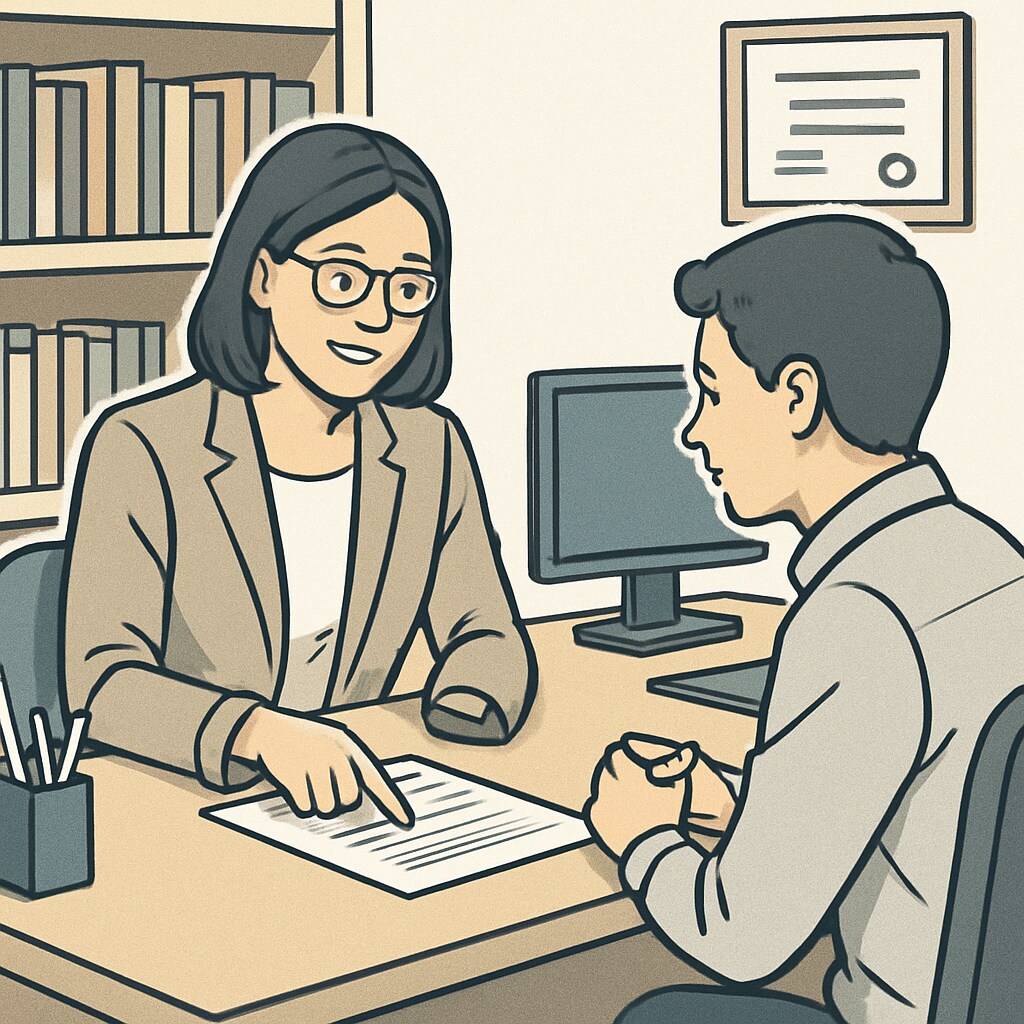 A professional education consultant discussing study plans with a student in an office setting. Education consultant planning US study abroad programs with a student.