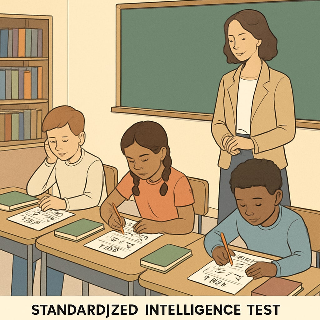 A standardized intelligence test being administered to children in a school setting. Intelligence test for children in a classroom setting.