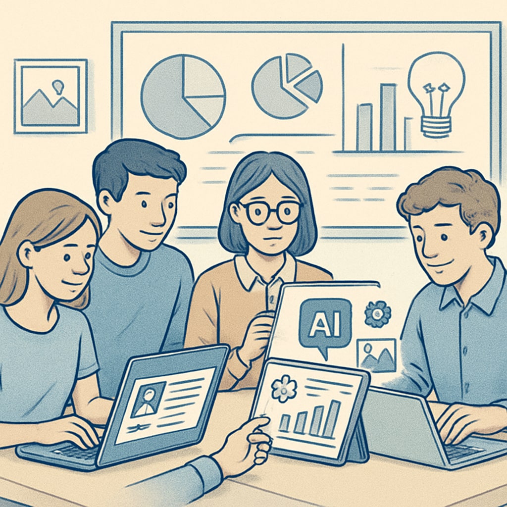 A student group collaborating on a digital media project using AI-powered tools like Canva and ChatGPT. Students working on a collaborative media literacy project using AI tools.