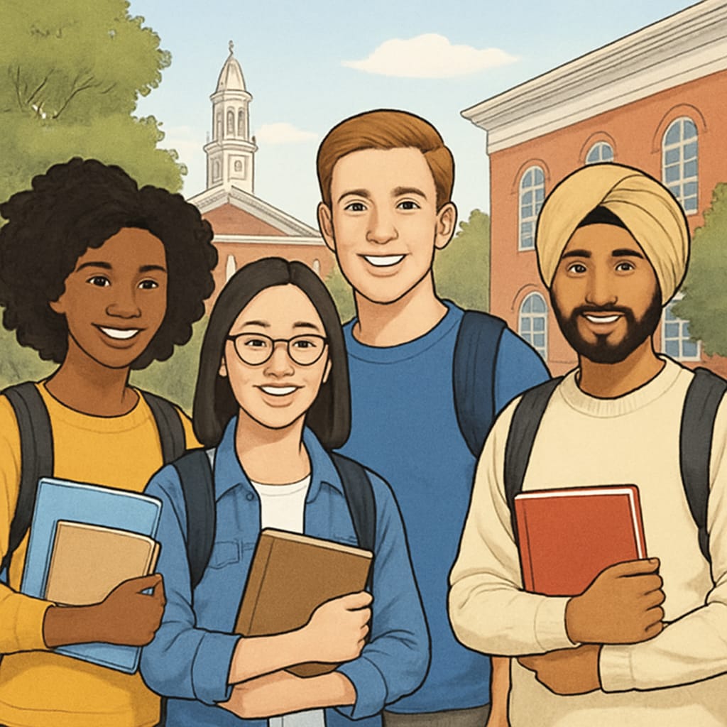 A group of international students on a US college campus, smiling and holding books. International students on a US college campus discussing their master's programs.