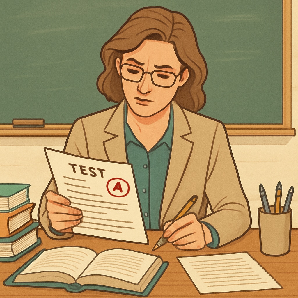 A teacher analyzing a child’s test results in a classroom. Teacher reviewing child’s test results for talent evaluation.