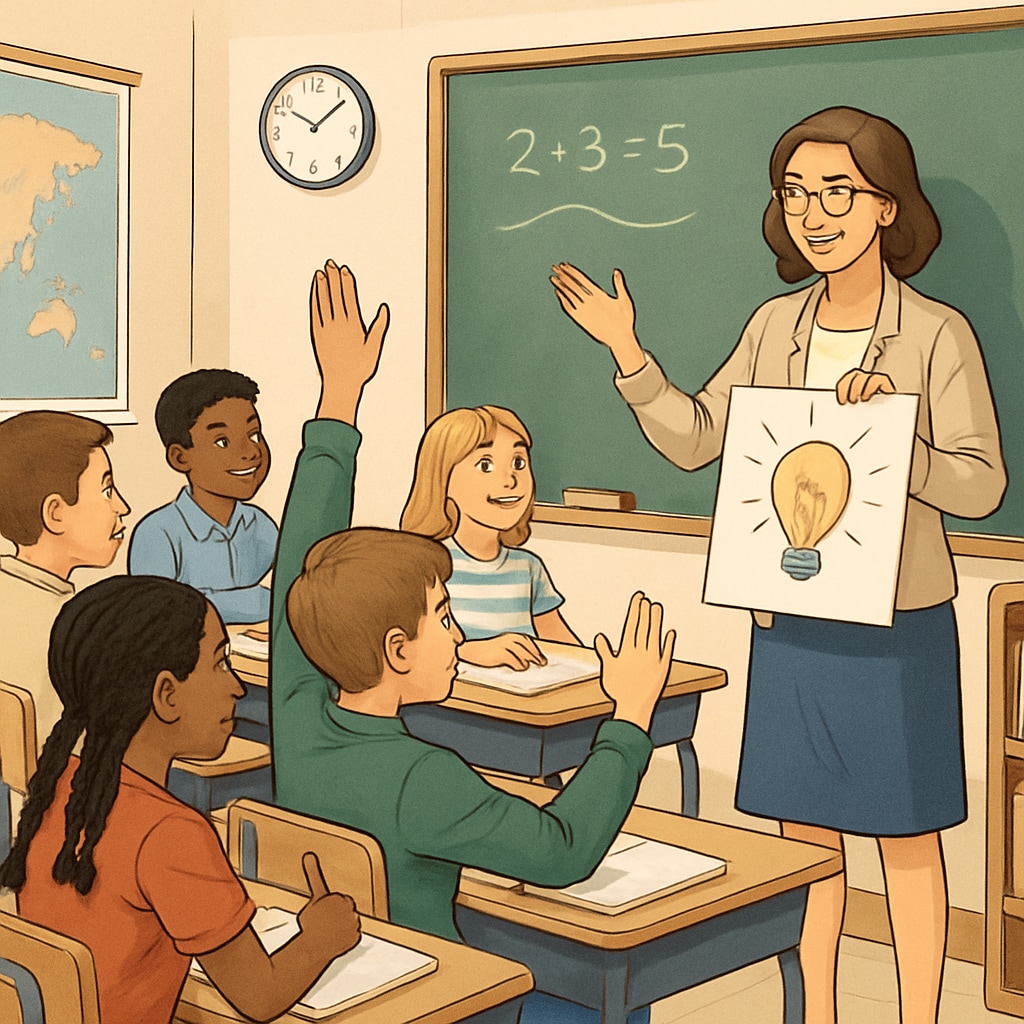 A classroom with engaged students and a teacher using creative teaching methods. A vibrant classroom scene with students actively participating in a lesson.