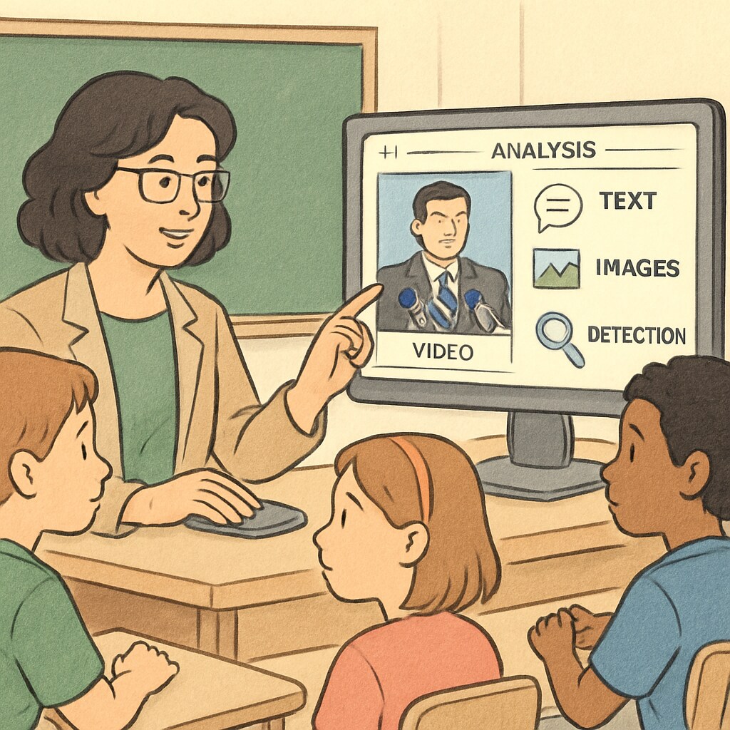Teacher guiding students using AI tools for media literacy education