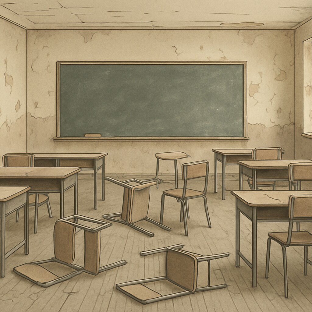 An empty, outdated classroom with peeling paint and broken furniture. An image highlighting poor school conditions as a warning sign.