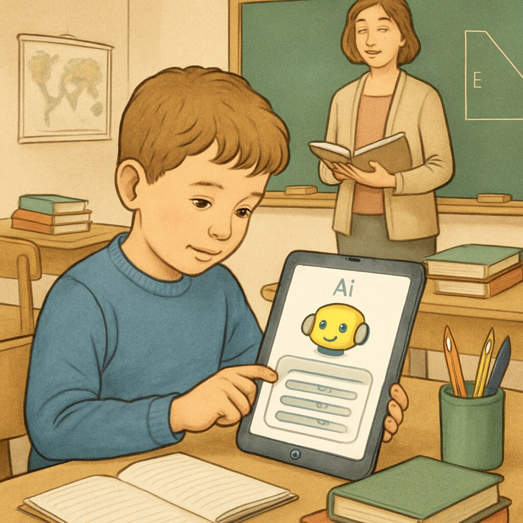 A child using an AI-powered tablet for personalized learning in a classroom, reflecting the role of AI in tailoring education to individual needs. A child using an AI-powered tablet for personalized K12 learning, showcasing AI education trends.