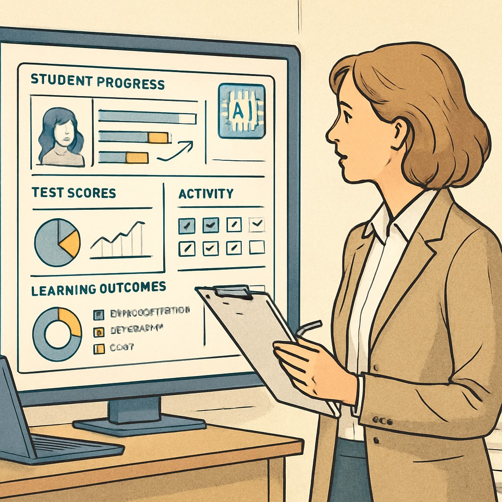 A teacher using an AI dashboard to track student progress and learning outcomes, emphasizing the adaptive aspect of AI in education. A teacher analyzing student data on an AI dashboard, highlighting AI-driven adaptive learning.