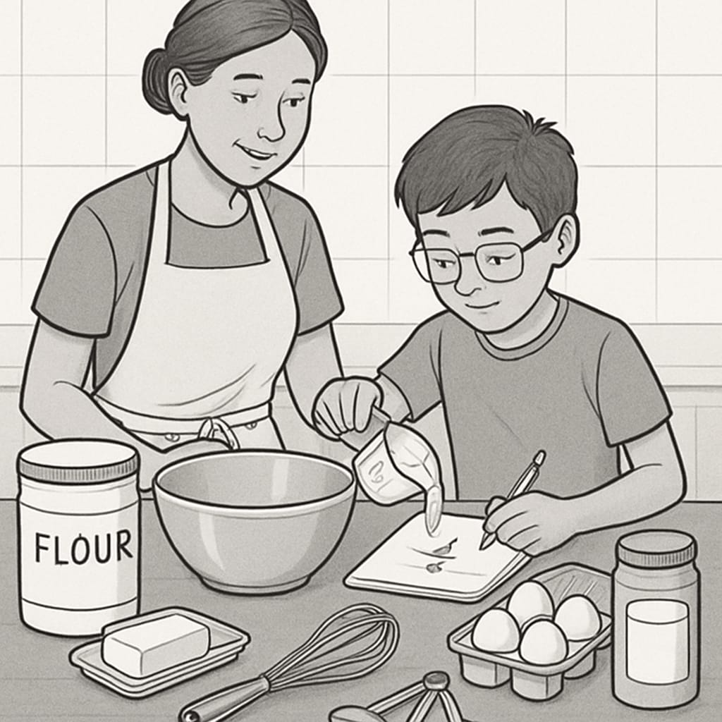 A parent and child baking together, with the child measuring ingredients and calculating proportions. Parent and child using math while baking, measuring ingredients and calculating proportions