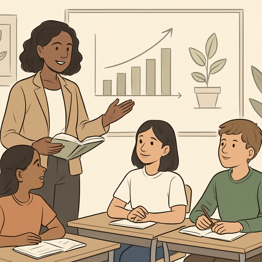Teacher guiding students in an inclusive, growth-oriented educational setting.
