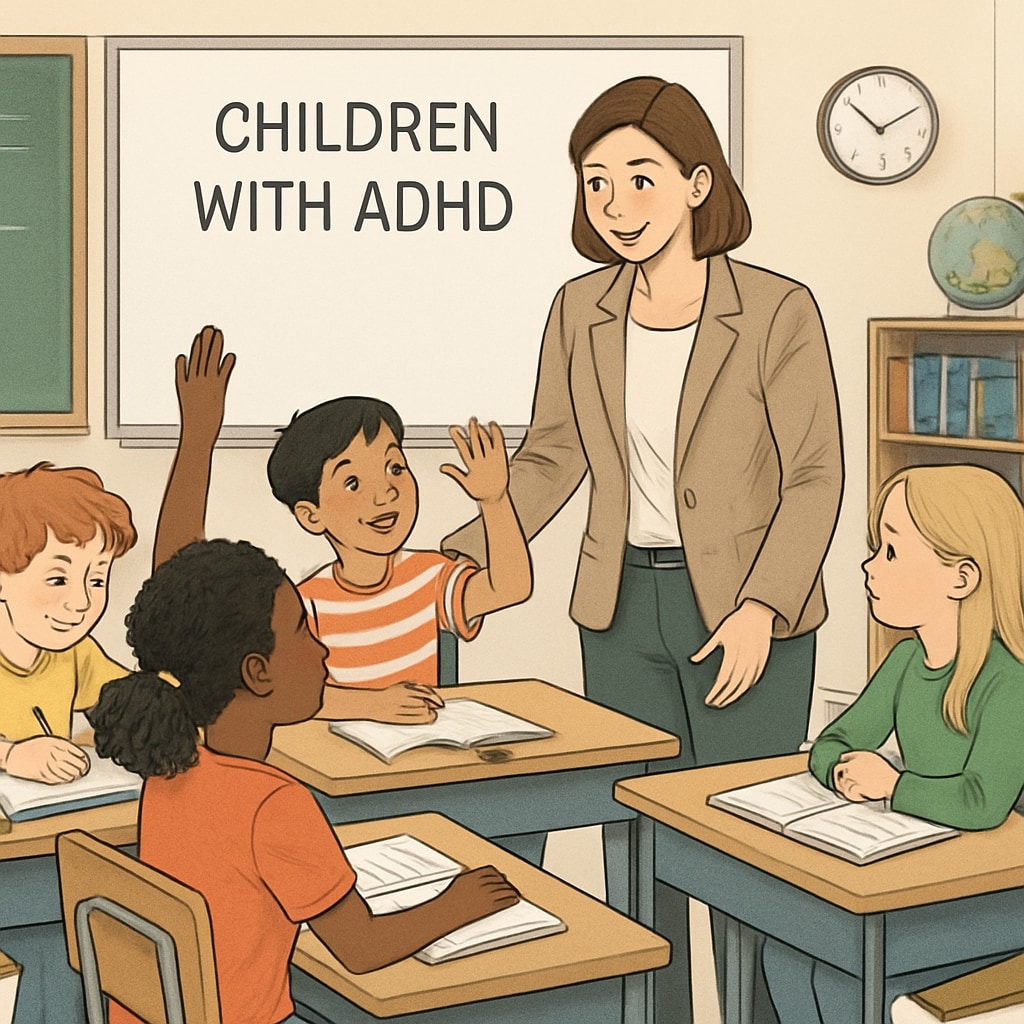 A classroom setting where a teacher is engaging with diverse students, including those with ADHD. A classroom scene with a focus on ADHD students being included in discussions.