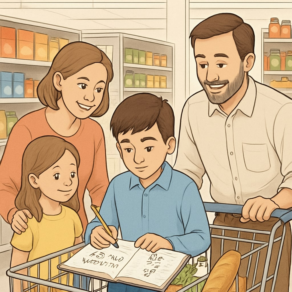 A family shopping at a grocery store, with the child calculating prices and comparing discounts. Family shopping and using basic math to calculate prices and discounts