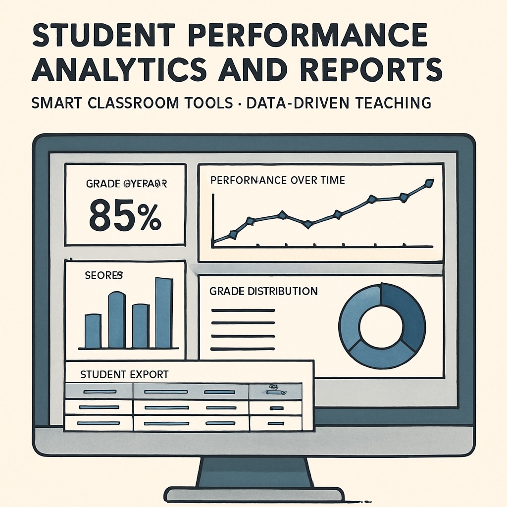 A computer screen displaying analytics and reports for student performance, symbolizing smart classroom tools and data-driven teaching. Analytics screen showing student performance progress for K12 teachers.