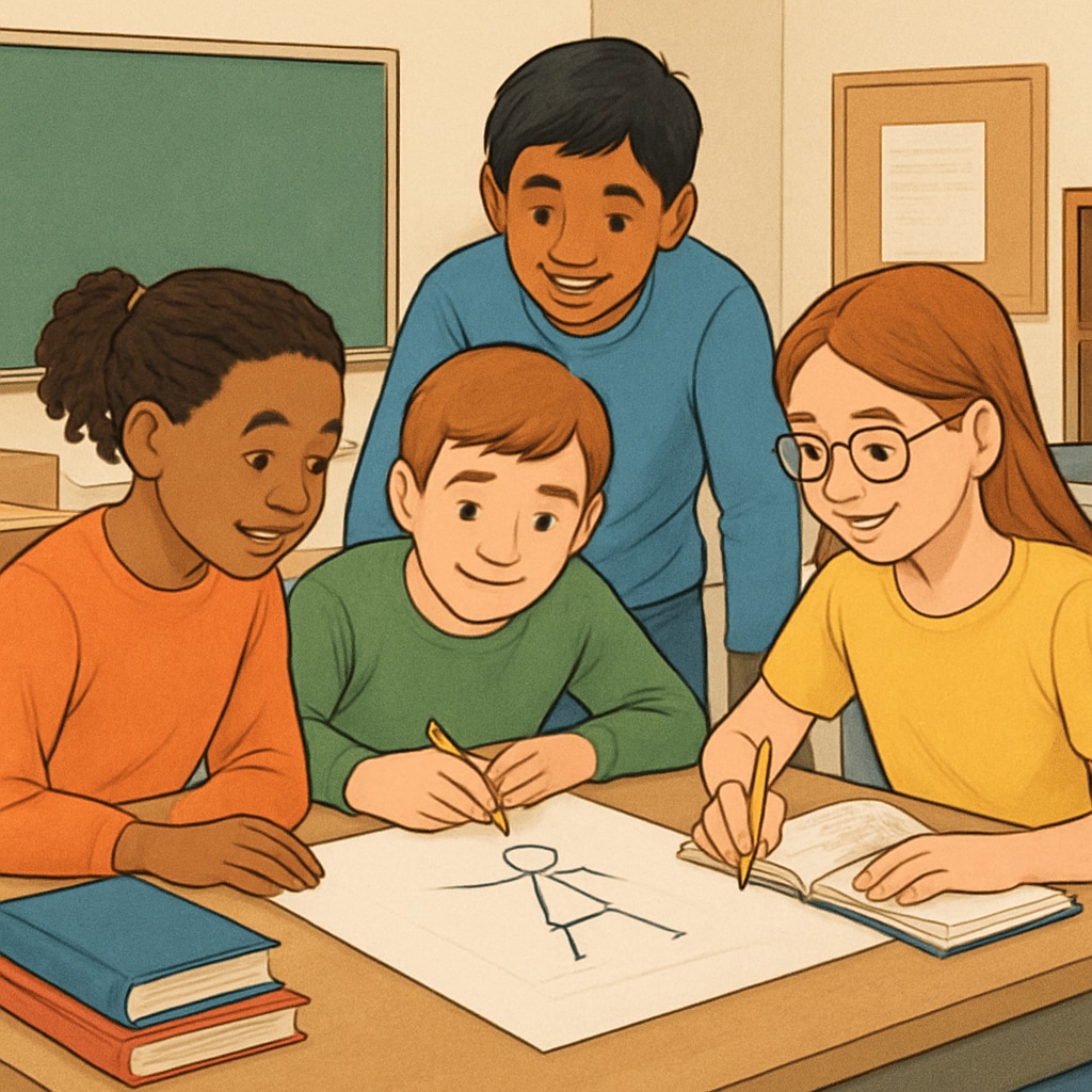 A classroom setting with students collaborating on a group project, emphasizing teamwork and inclusivity. Students working together in a classroom, fostering inclusivity and teamwork.