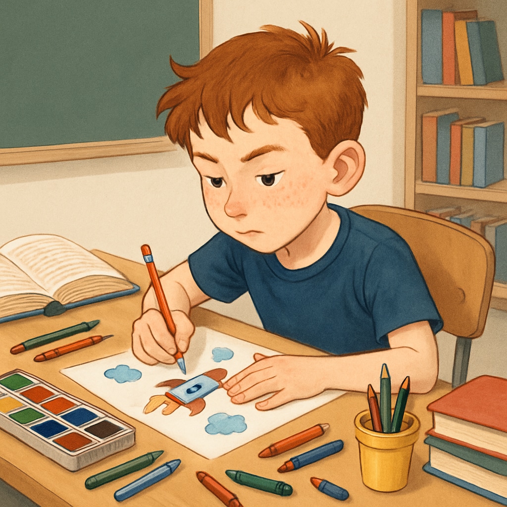A young student with ADHD deeply focused on a creative project, symbolizing potential often overlooked. ADHD student working on a creative project, representing untapped talent.