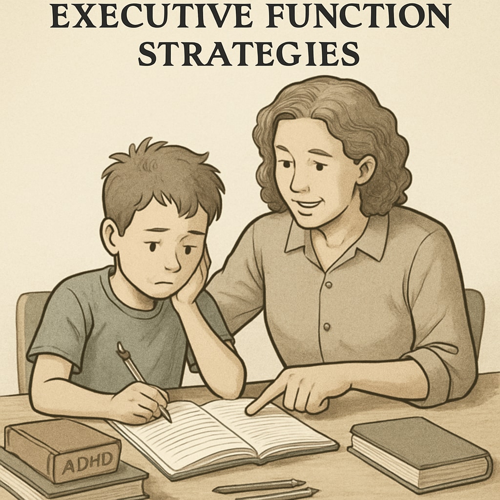 Parent assisting child with ADHD in homework, showcasing executive function techniques.