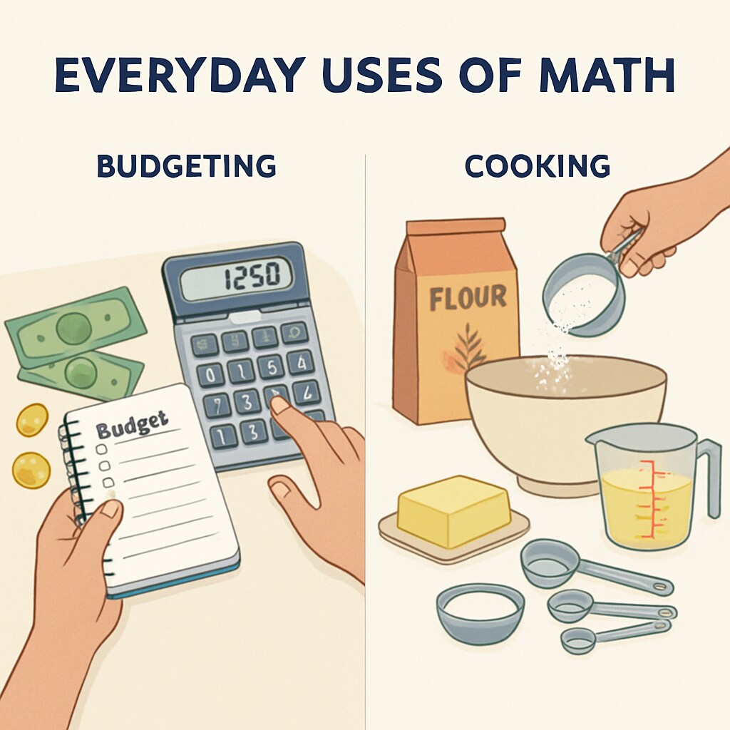 An image illustrating everyday applications of math, such as budgeting or cooking. Everyday math applications like budgeting and cooking.