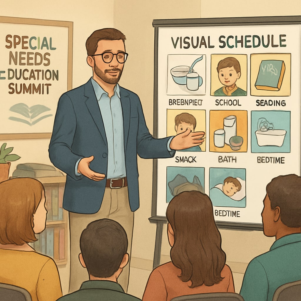 Speaker demonstrating visual schedule for special needs education summit attendees.