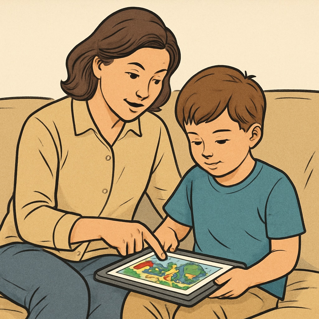 A child using a tablet while reading an interactive storybook, sitting on a couch, with a parent guiding them. A child using a tablet to read a digital storybook, guided by a parent, related to children’s reading app.