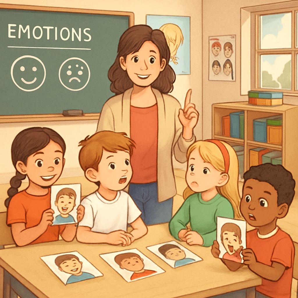 A classroom setting where children are engaged in an emotional education activity, such as identifying emotions through pictures. Children participating in an emotional education activity, identifying emotions.