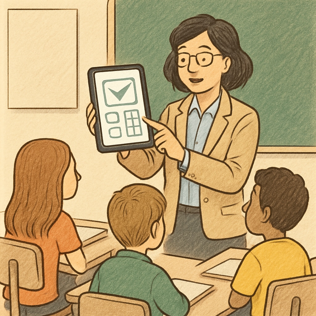 An educator in a classroom setting, using a tablet to demonstrate a digital app to students seated at their desks. A teacher demonstrating a digital reading app to K12 students in a classroom, connected to children’s reading app.