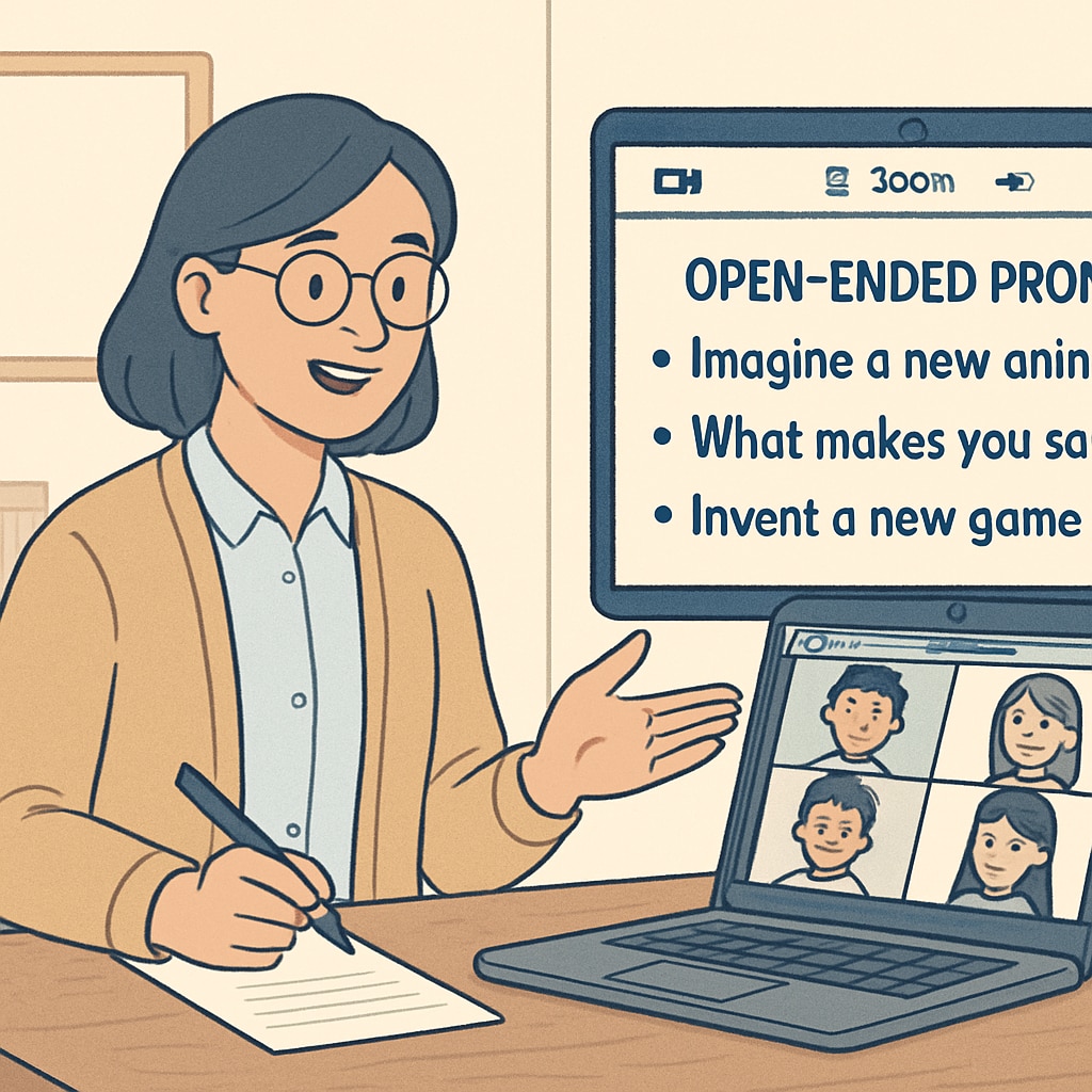 A teacher leading a creative Zoom activity for students, with open-ended prompts visible on the screen. Zoom activity with open-ended prompts for students, fostering creativity.