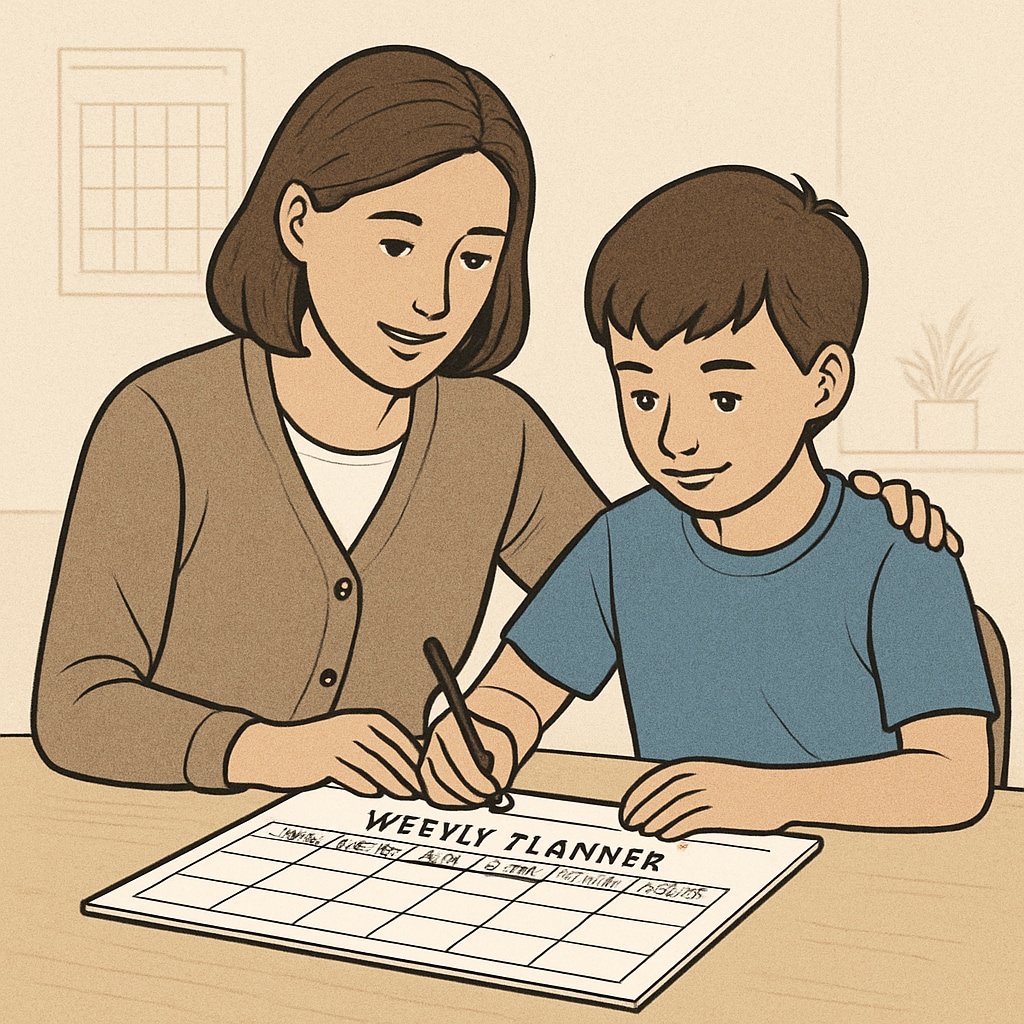 A professional image showing a parent and child working together on an organized weekly planner, symbolizing time management and planning. Parent and child using a weekly planner to develop executive function skills for ADHD and special education.