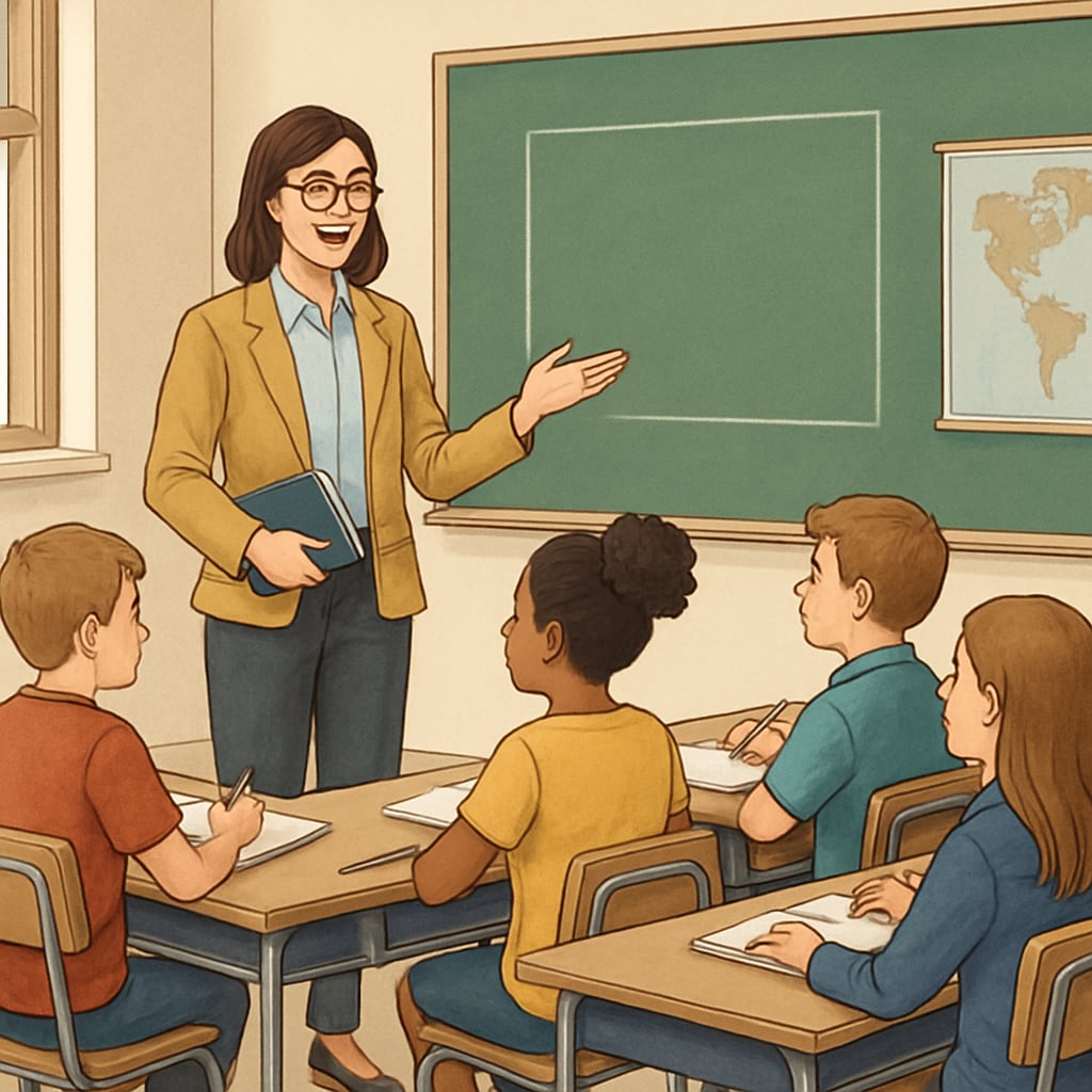 A classroom setting with a teacher and students, symbolizing K12 education and professional growth. A teacher in a classroom setting, representing K12 educators pursuing advanced degrees.