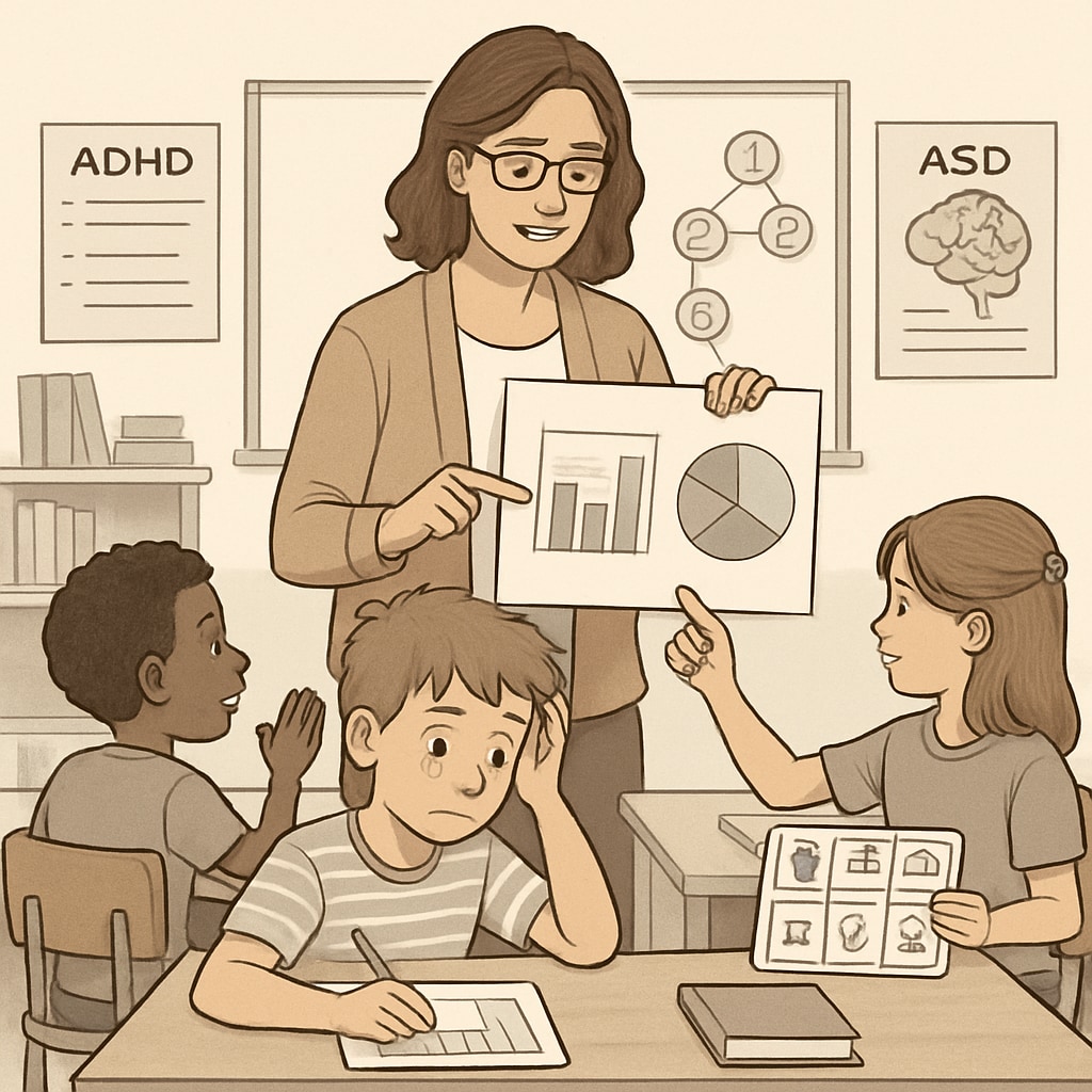 A supportive classroom environment showing a teacher using visual aids to assist children with ADHD and ASD in understanding a lesson. Teacher using visual aids to support children with special needs in a classroom setting.