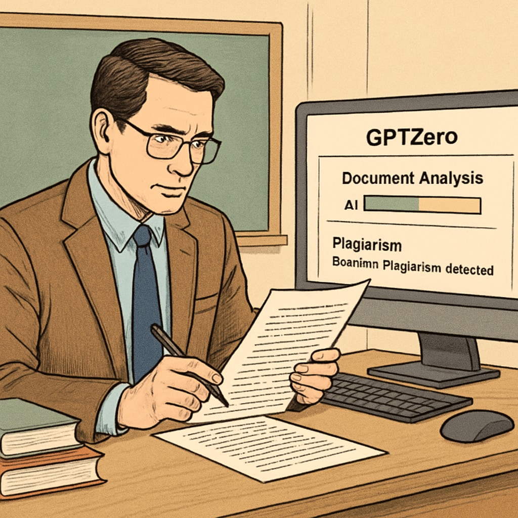 A teacher analyzing a student's document using GPTZero technology to ensure academic honesty. Teacher using GPTZero for writing monitoring and academic integrity
