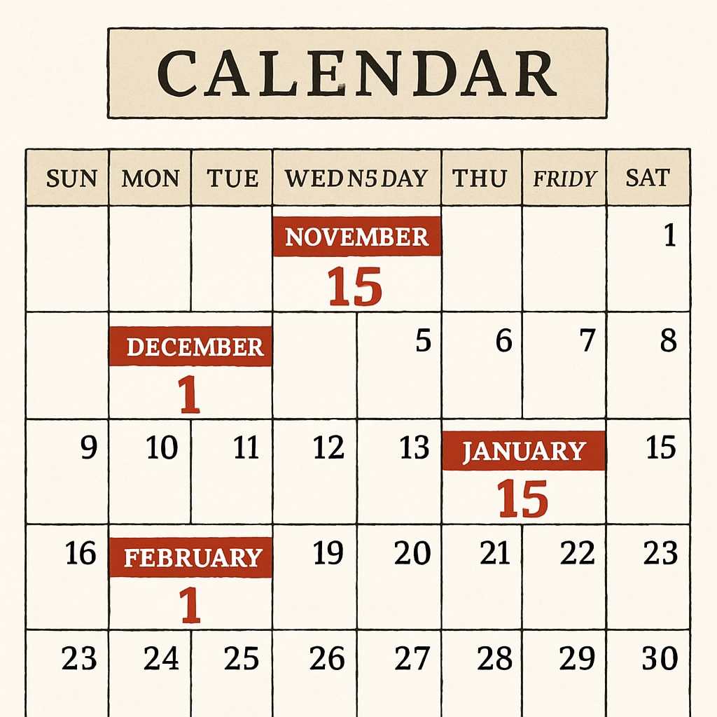 A calendar marked with key U.S. master's program application deadlines. A calendar highlighting important dates for U.S. master's degree applications.