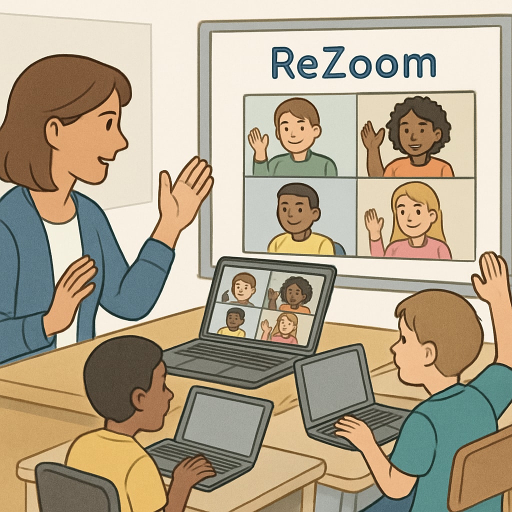 A teacher facilitating a REZoom activity with students participating via their laptops. A teacher using REZoom with students in an interactive session.