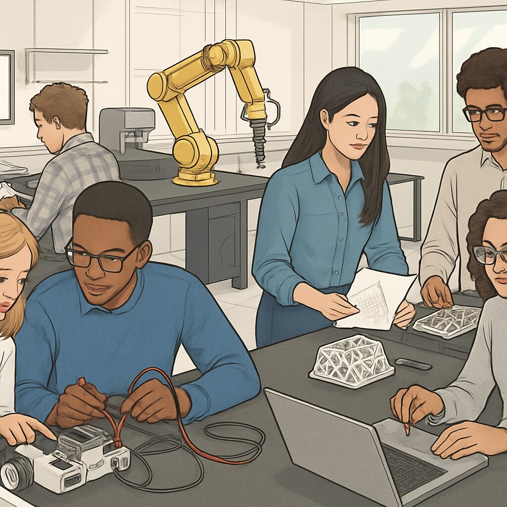 A university engineering lab showcasing students working through MEng and MSc projects side-by-side. Students in a university lab exploring MEng and MSc design engineering projects.