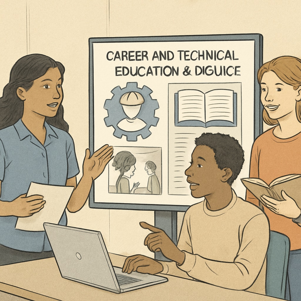 Students presenting a multimedia project that combines graphic design and storytelling, showcasing CTE integration with language arts. Students presenting a multimedia project that links graphic design and language arts, demonstrating CTE integration.