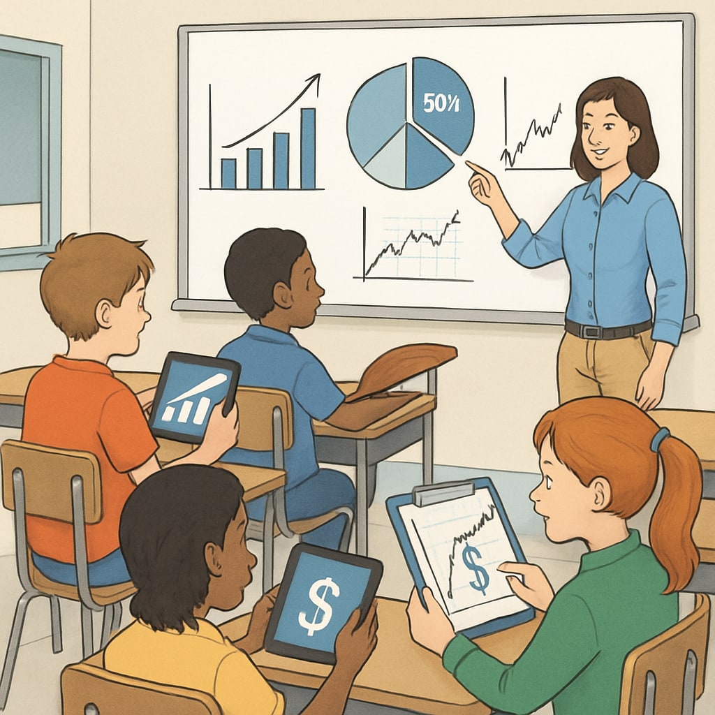 A classroom setting where students are learning financial concepts using interactive tools. Students in a classroom learning financial literacy concepts, a key part of school curricula.